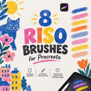 May include: A digital graphic featuring the text 8 RISO BRUSHES for Procreate, surrounded by illustrations of a blue cat, yellow sun, pink flowers, and colorful buildings. Eight textured brush strokes are displayed on the right side of the image.
