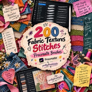 Puede incluir: Un conjunto de pinceles digitales para Procreate que incluye 200 texturas de tela y puntadas. La imagen muestra una tableta con un menú de biblioteca de pinceles, rodeada de muestras de tela coloridas, un lápiz óptico y notas con texto.