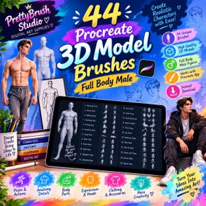 May include: A digital art product titled 44 Procreate 3D Model Brushes Full Body Male, featuring a tablet displaying a list of 24 pose categories, surrounded by illustrations of male figures, text, and icons on a vibrant blue and purple background.