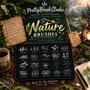 Può includere: Un tablet digitale che mostra una griglia di tratti di pennello a tema naturale, tra cui alberi, foglie, fiori, erba, cespugli, fogliame, montagne, rocce, cascate, nuvole, cielo, raggi solari, pioggia, neve, legno, corteccia, muschio e increspature dell'acqua.