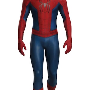 May include: A full-body superhero costume featuring a red and blue color scheme. The red sections on the head, chest, and lower legs display a black web pattern. A large black spider emblem is centered on the chest. The suit is form-fitting.