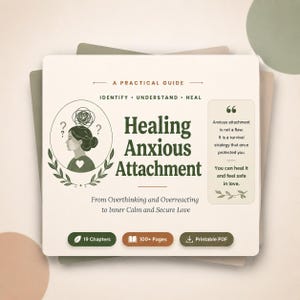 May include: A digital guide titled Healing Anxious Attachment: A Practical Guide, Identify, Understand, Heal. It features an illustration of a person with a tangled mind, a quote about attachment, and labels for 19 Chapters, 100+ Pages, and Printable PDF.