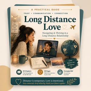May include: A digital guide titled Long Distance Love featuring a person looking at a laptop screen with a video call, a globe, a notebook with a pen, and a photo. Text includes A Practical Guide, Trust, Communication, Connection, and 20 Chapters.