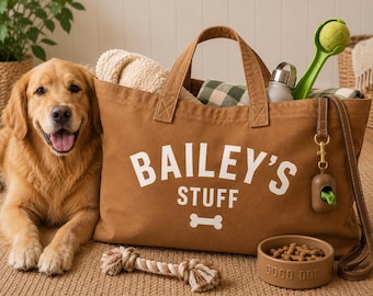 Personalised Large Dog Bag | Custom Pet Name Tote | Heavyweight Cotton Canvas Holdall (37L Capacity)