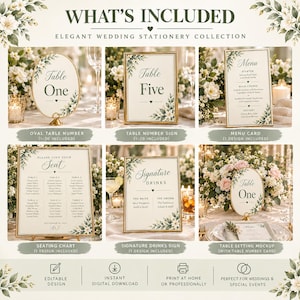 May include: An elegant wedding stationery collection featuring an oval table number, a rectangular table number sign, a menu card, a seating chart, a signature drinks sign, and a table setting mockup, all decorated with white floral and green leaf accents.