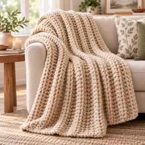 Könnte beinhalten: Eine grob gestrickte Überwurfdecke in einfarbigem Creme mit einer ausgeprägten vertikalen Rippenstruktur. Das dicke Garn ist in einem dichten, schweren Muster gewebt, das über die Armlehne eines Sofas drapiert ist und die großen Schlaufen zeigt.
