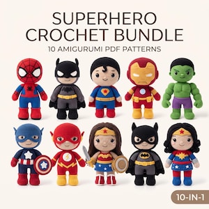 Peut inclure: Un ensemble de modèles de crochet super-héros comprenant 10 patrons PDF amigurumi. L'image présente 10 poupées crochetées distinctes représentant divers personnages de bandes dessinées, avec des fils rouges, bleus, jaunes, verts et noirs.