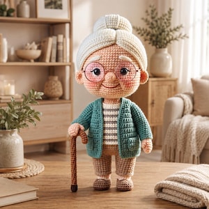 May include: A crocheted doll of an elderly person with white hair in a bun, wearing round pink glasses, a teal cardigan, a white and gray striped shirt, and tan pants. The doll holds a brown textured cane and has rosy cheeks and dark eyes.