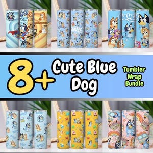 Può includere: Un pacchetto digitale di 8+ involucri cilindrici per bicchieri con colorati personaggi di cani dei cartoni animati in varie scene, inclusi temi di Halloween, arcobaleni e motivi a stelle, con il testo 8+ Cute Blue Dog Tumbler Wrap Bundle.