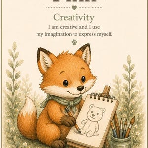 May include: A decorative print featuring a cartoon fox named Finn with a green scarf, drawing a teddy bear on an easel. The text reads: Finn, Creativity, I am creative and I use my imagination to express myself. The scene includes a jar of brushes.