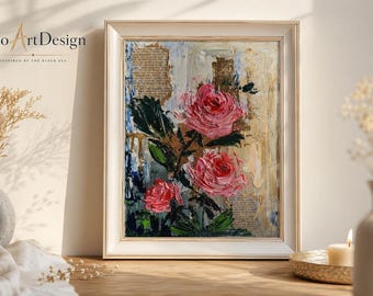 May include: A framed oil painting featuring three textured pink roses with dark green leaves, set against a mixed-media background of beige, blue, and gold accents with visible text fragments. The artwork is enclosed in a simple white frame.