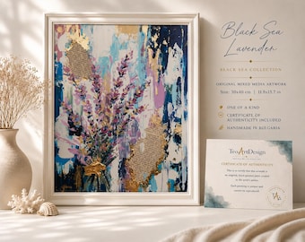 May include: A framed mixed media painting titled Black Sea Lavender, featuring a lavender bouquet with gold leaf accents and collage text elements on a blue, white, and purple abstract background. The artwork measures 11.8 by 15.7 inches.