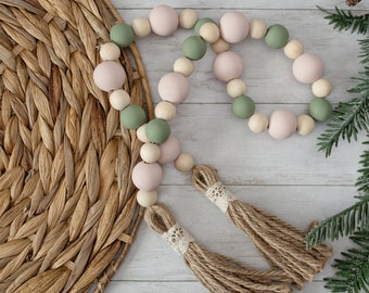 Spring Wood Bead Garland, Easter, Neutral Spring Decor, Spring Garland, Farmhouse Beads, Tiered Tray Beads, natural wood, pale pink, green