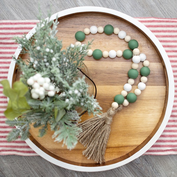 Spring wood bead garland, neutral decor, plant lover, farmhouse beads, tree, tiered tray decor, boho decor, natural wood green and white