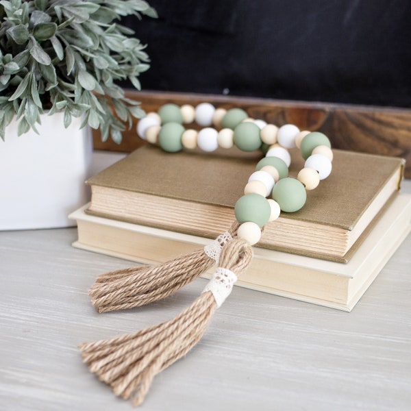 Wood Bead Garland, Fall Beads, Farmhouse Beads, Neutral Garland, Tier Tray Beads, Boho Beads, Decorative Beads, White Aloe and Natural Wood