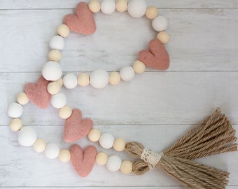 Valentines Day heart wood bead garland, valentines day decor, farmhouse beads, tiered tray decor, natural wood, white and felt heart