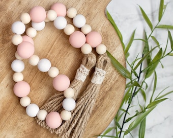 Valentines Day Wood Bead Garland, Valentines Day Decor, Farmhouse Beads, Tiered Tray Decor, Boho Decor, natural wood, pink, and white