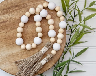 Wood Bead Garland, Winter Beads, Farmhouse Beads, Neutral Garland, Tier Tray Beads, Boho Beads, Decorative Beads, White and Natural Wood