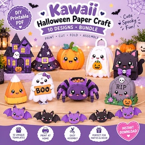 Może przedstawiać: Zestaw 10 wzorów papierowych ozdób Kawaii Halloween do samodzielnego wydruku, w tym nawiedzony dom, dynia, duch, czarny kot, cukierek, pająk i girlanda z nietoperzy. Tekst na obrazku to Kawaii Halloween Paper Craft 10 Designs Bundle.