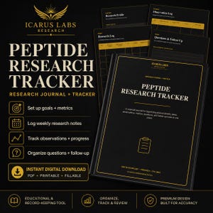 May include: A black and gold Peptide Research Tracker journal and digital download set. The cover features the Icarus Labs Research logo, title, and a clipboard icon. Interior pages include a Research Profile, Research Log, and Questions & Follow-Up.