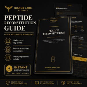 May include: A black and gold Peptide Reconstitution Guide quick reference workbook by Icarus Labs Research. The cover features the title, a vial icon, and text detailing its use for understanding terms, recording instructions, and tracking preparation.