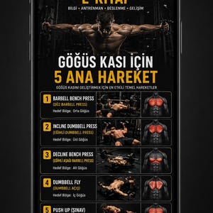 May include: A smartphone screen displaying a fitness e-book interface titled FITNESS E-KITAP. The content features five chest exercises with instructional text, exercise names, and anatomical diagrams highlighting targeted muscle groups in red.