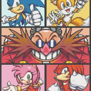 May include: A pixelated collage of characters from the Sonic the Hedgehog video game series. The top left image shows Sonic the Hedgehog, a blue hedgehog with a red and white shoe, giving a thumbs up. The top right image shows Tails, a yellow fox with two tails, giving a thumbs up. The bottom left image shows Amy Rose, a pink hedgehog with a red dress, giving a thumbs up. The bottom right image shows Knuckles the Echidna, a red echidna with white gloves, giving a thumbs up. The middle image shows Dr. Eggman, a bald man with a red and black suit, a mustache, and a pair of glasses.