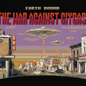 May include: A pixelated image of a retro sci-fi scene with the text "EARTH BOUND THE WAR AGAINST CIYCAS!"  Flying saucers hover over a small town with a "GAS" sign.