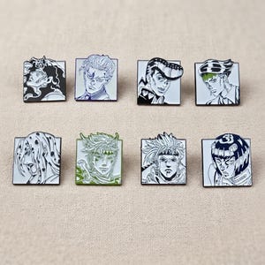 May include: A set of eight square enamel pins featuring black and white line art illustrations of various anime characters. Each pin displays a distinct portrait with detailed facial features and unique hairstyles, presented in a clean, graphic style.