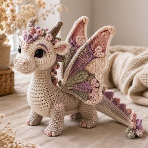 Könnte beinhalten: Ein gehäkeltes Drachenspielzeug aus hellbeigem Garn mit großen schwarzen Augen und zwei kleinen Hörnern. Der Drache hat kunstvolle Flügel und einen Schwanz mit pastellfarbenen rosa, violetten und salbeigrünen Akzenten sowie eine Reihe kleiner Stacheln.