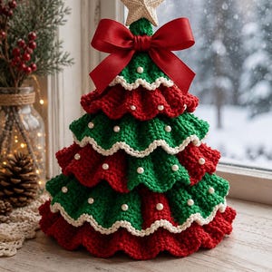 May include: A crocheted Christmas tree decoration featuring alternating ruffled tiers of red and green yarn. The tree is topped with a cream-colored crocheted star, a large red satin ribbon bow, and small white pearl beads accenting the edges.