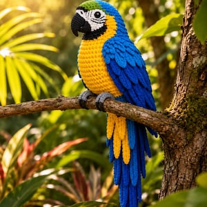May include: A crocheted macaw parrot figurine featuring vibrant blue, yellow, and green yarn. The bird has a black beak, white facial patches, and dark gray feet, perched on a textured branch with detailed layered wing and tail feathers.