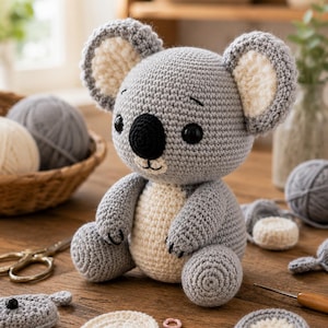 Könnte beinhalten: Ein handgefertigtes Häkel-Koala-Spielzeug mit grauem Körper, cremefarbenem Bauch und großen runden Ohren mit cremefarbenen Innenseiten. Der Koala hat schwarze Kunststoffaugen, eine markante schwarze Nase und gestickte Details an den Pfoten.