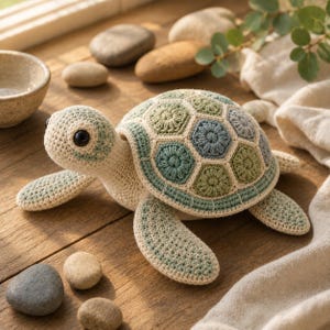 May include: A crocheted turtle toy featuring a cream-coloured head and limbs with a shell composed of interconnected hexagonal patches in shades of sage green, dusty blue, and cream. The turtle has large, round, black plastic safety eyes.