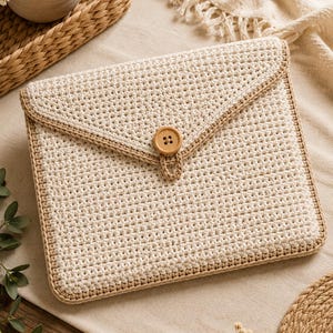 Könnte beinhalten: Eine rechteckige Tasche im Umschlagstil aus cremefarbenem Garn mit einer strukturierten Häkeloptik. Die Tasche verfügt über eine hellbraune Umrandung und einen einzelnen runden Holzknopf, der mittig an der dreieckigen Klappe mit Schlaufe sitzt.