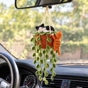 Könnte beinhalten: Ein gehäkeltes Auto-Accessoire bestehend aus einem terrakottafarbenen hängenden Pflanzgefäß mit grünen Ranken. Eine schwarz-weiße Katze schläft im Topf, während eine orangefarbene getigerte Katze an der Seite des Topfes hängt.