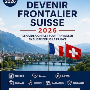 May include: A 2026 edition guidebook titled DEVENIR FRONTALIER SUISSE, featuring a landscape of a Swiss city with a river, bridge, and mountains. The cover displays the French and Swiss flags, along with icons for permits, taxes, and insurance.