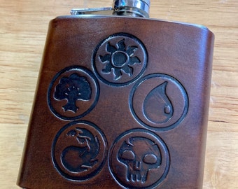 Magic the gathering flask, MTG leather handmade flask, WUBRG gift, wizards of the coast, EDH commander mtg, standard modern magic card game