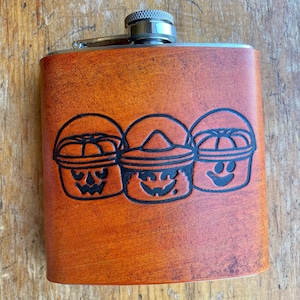 Halloween McDonald&#39;s trick or treat buckets leather flask, Mcdonalds Happy Meal Pales, 1990s, 1980s, 6 oz Hip Flask, Hipflask