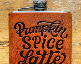 Pumpkin Spice Latte Leather Wrapped Handmade Flask, Basic Bitch Gift, Autumn Fall Present Hip Flask