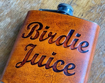 Birdie Juice golf Handmade leather flask, flask for a golfer, mulligan, golf gift, groomsmen flask, par, birdie, foursome