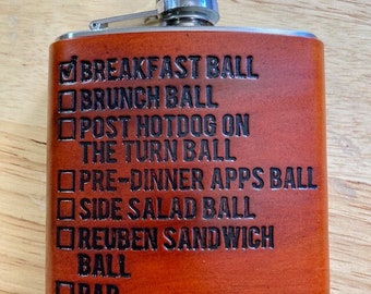 Breakfast ball golf Handmade leather flask, flask for a golfer, mulligan, golf gift, groomsmen flask, par, birdie, foursome