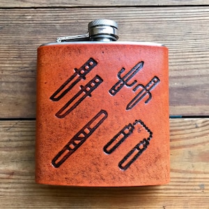 TMNT, Teenage Mutant Ninja Turtles themed Leather Flask, Ninja Weapons, Leonardo, Raphael, Donatello, Michelangelo, Custom Hip Flask