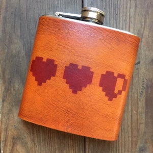 Retro Video Game Heart Life Bar Leather Flask, Fathers day gift