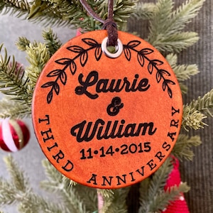 Couple&#39;s Leather Engraved Christmas Tree Ornament, Holiday Ornament, Christmas Decorations, Third Anniversary gift