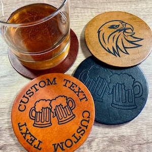Aangepaste gepersonaliseerde leren onderzetters, barwagen, huwelijkscadeau, bruidsjonkers cadeau, vaderdagcadeau, mancave, mancave, she Shed