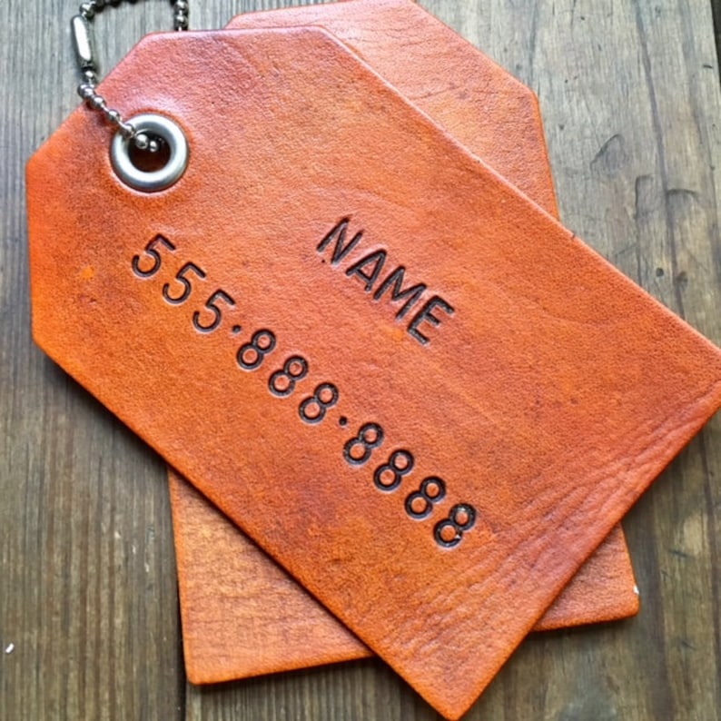 Custom Personalized Leather Luggage Tag: 1 single luggage tag, Hand Stamped Gift image 2