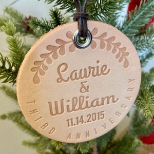 Couple's Leather Christmas Tree Ornament, Holiday Ornament, Christmas Decorations, Third Anniversary gift