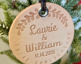 Couple's Leather Christmas Tree Ornament, Holiday Ornament, Christmas Decorations, Third Anniversary gift