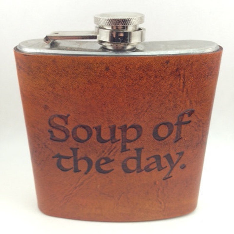 Custom Leather Hip Flask Quote, Gift for him, Mens Flask, 6oz flask, Groomsmen gift, groom gift, Fathers day gift image 1